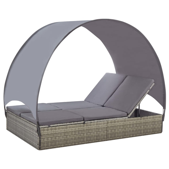 Lettino Prendisole Doppio con Baldacchino in Polyrattan Grigio