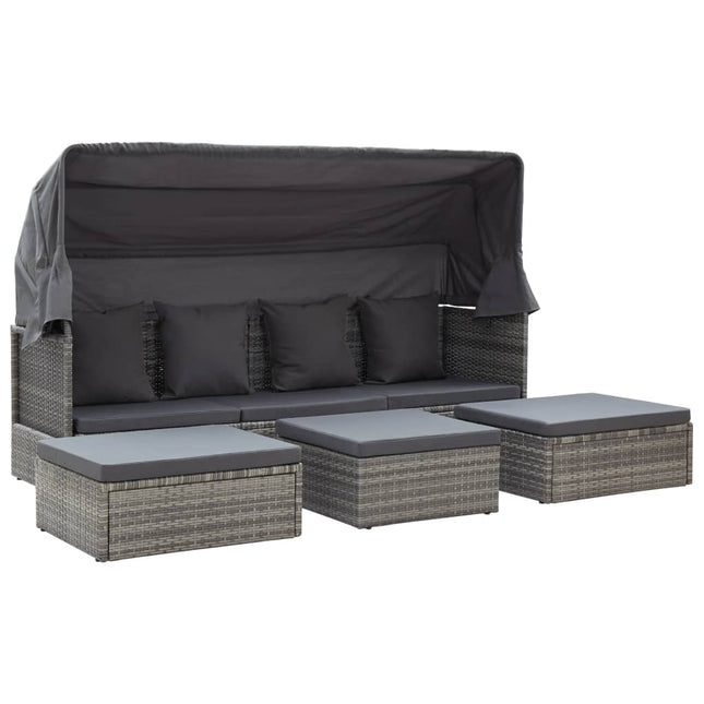 Lettino da Giardino con Tettuccio in Polyrattan Grigio MÃ©lange