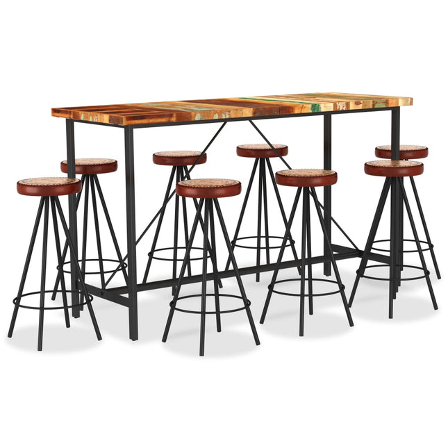 Set da Bar 9 pz in Legno Massello di Recupero Vera Pelle e Tela