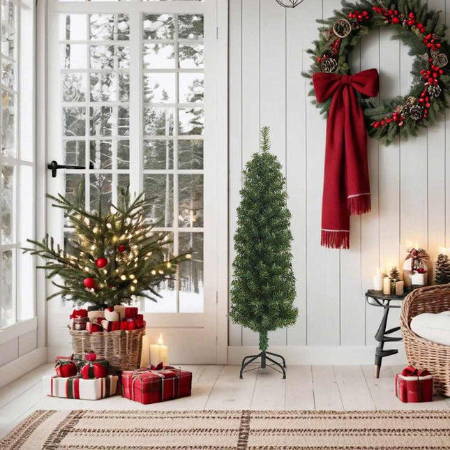 Albero di Natale Artificiale Sottile con Base Verde 150 cm PVC