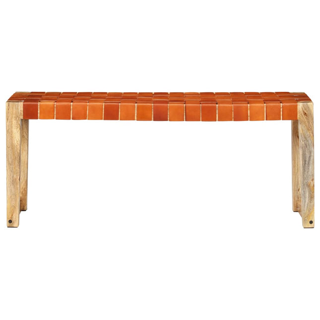 Panca 110 cm Marrone in Vera Pelle e Legno Massello di Mango