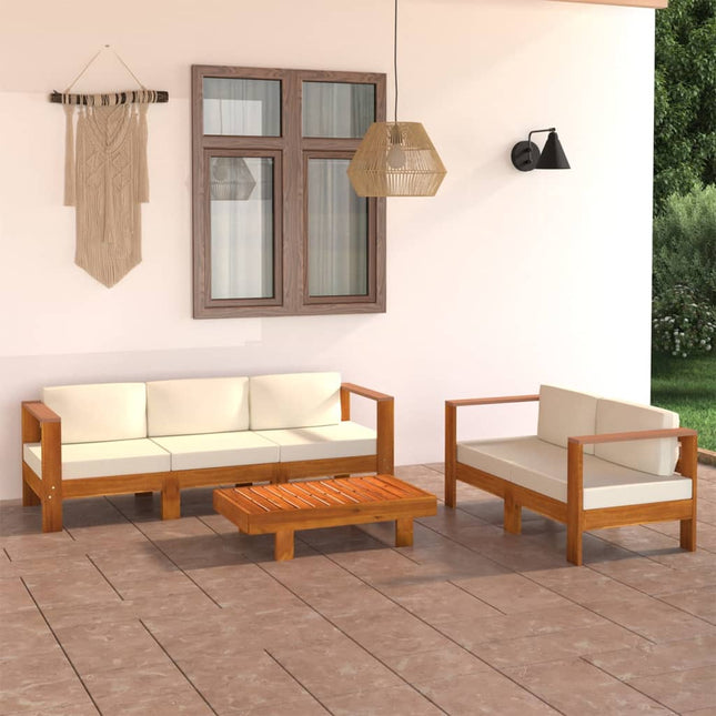 Set Divani Giardino 5 pz Cuscini Bianco Crema in Legno d'Acacia