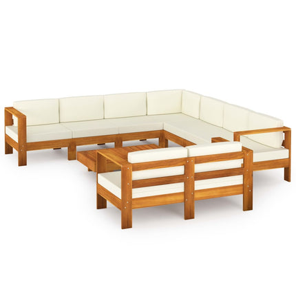 Set Divani Giardino 9 pz Cuscini Bianco Crema in Legno d'Acacia