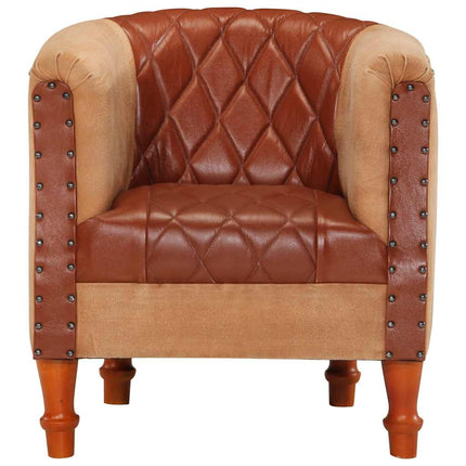 Poltrona a Pozzetto Marrone Vera Pelle e Legno Massello Mango