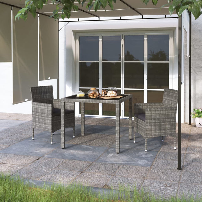 Set Pranzo da Giardino 3 pz Polyrattan e Vetro Temperato Grigio