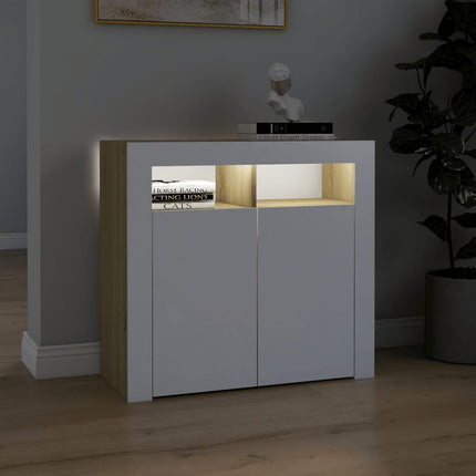 Credenza con Luci LED Bianco e Rovere Sonoma 80x35x75 cm