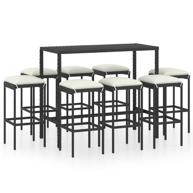 Set Bar da Giardino 9 pz con Cuscini in Polyrattan Nero