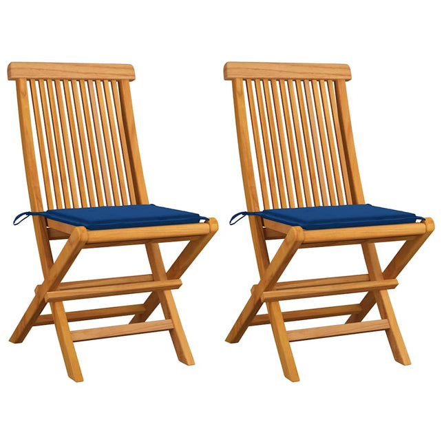 Sedie da Giardino con Cuscini Blu Reale 2 pz Massello di Teak