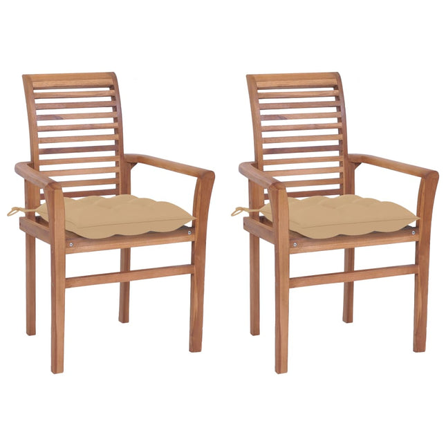Sedie da Pranzo 2 pz con Cuscini Beige in Massello di Teak