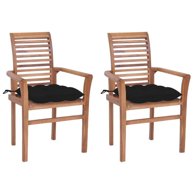 Sedie da Pranzo 2 pz con Cuscini Neri in Massello di Teak