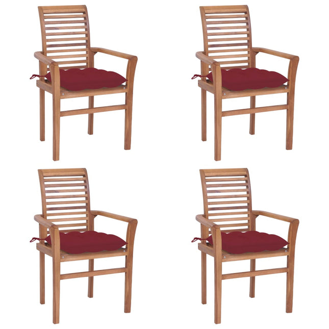 Sedie da Pranzo 4 pz con Cuscini Rosso Vino in Massello di Teak