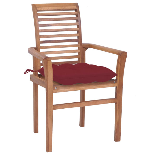 Sedie da Pranzo 4 pz con Cuscini Rosso Vino in Massello di Teak