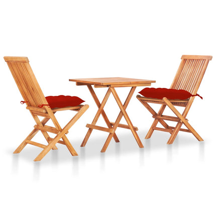 Set da Bistrot 3 pz con Cuscini Rossi in Legno Massello di Teak