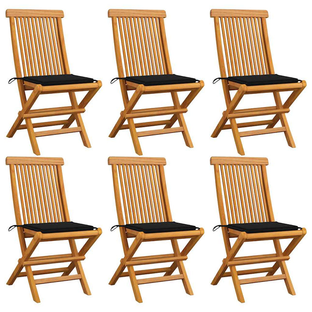 Sedie da Giardino con Cuscini Neri 6 pz in Massello di Teak