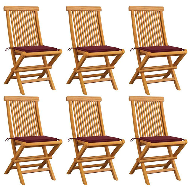 Sedie da Giardino con Cuscini Rosso Vino 6 pz Massello di Teak