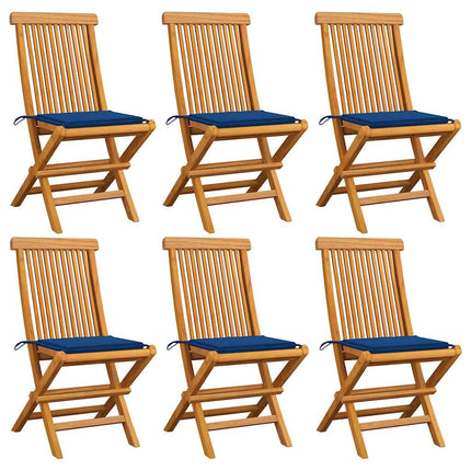 Sedie da Giardino con Cuscini Blu Reale 6 pz Massello di Teak