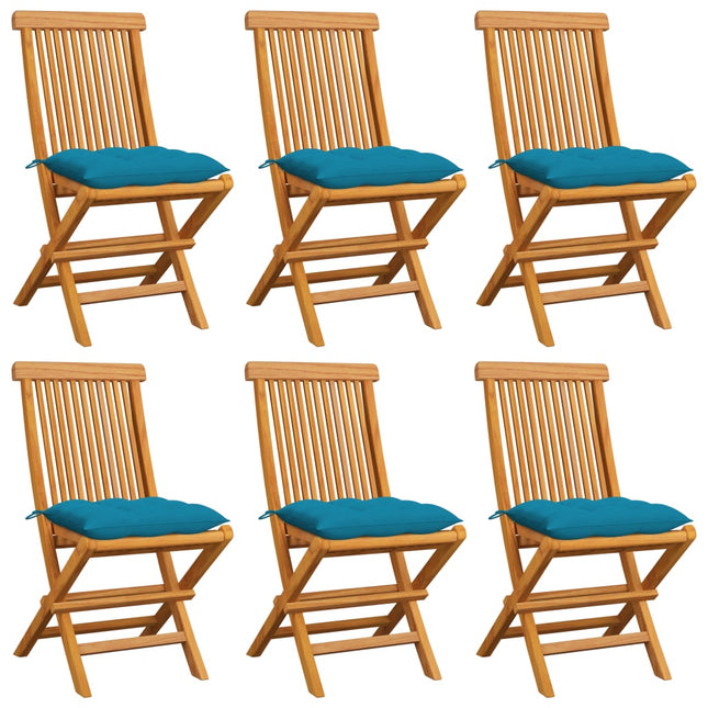 Sedie da Giardino con Cuscini Azzurri 6 pz in Massello di Teak