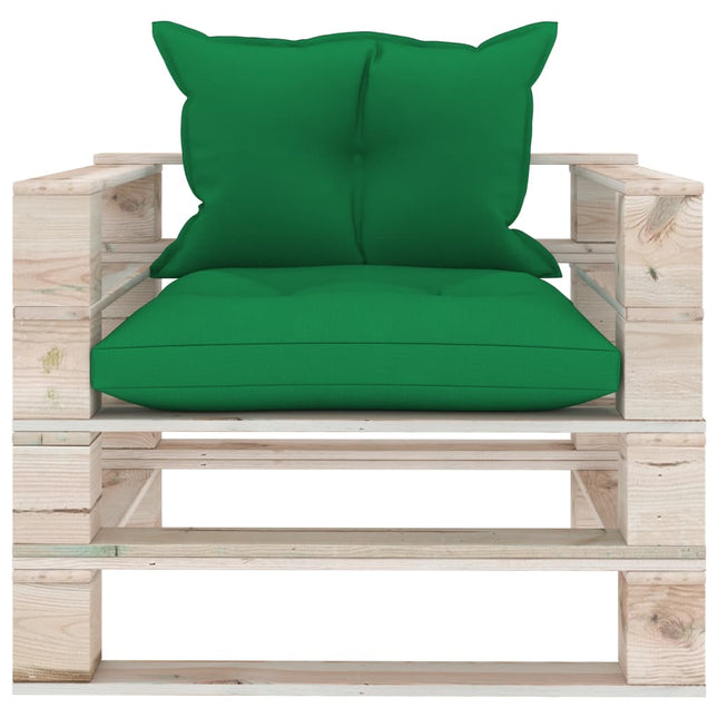 Poltrona da Giardino Pallet con Cuscini Verdi in Legno di Pino