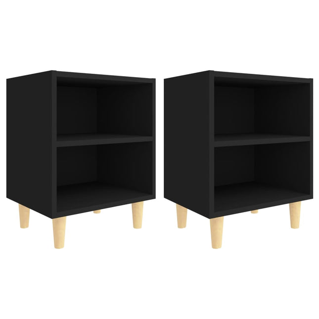Comodini con Gambe in Legno Massello 2pz Neri 40x30x50 cm