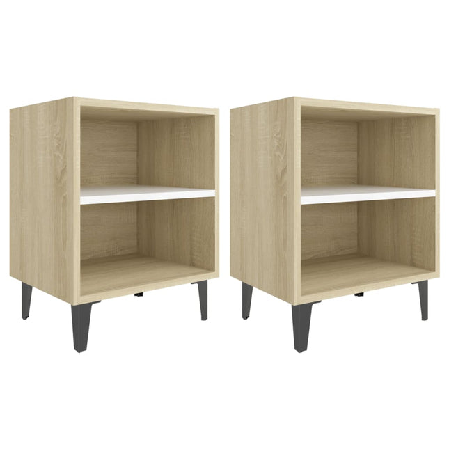 Comodini Gambe in Metallo 2pz Rovere Sonoma e Bianco 40x30x50cm