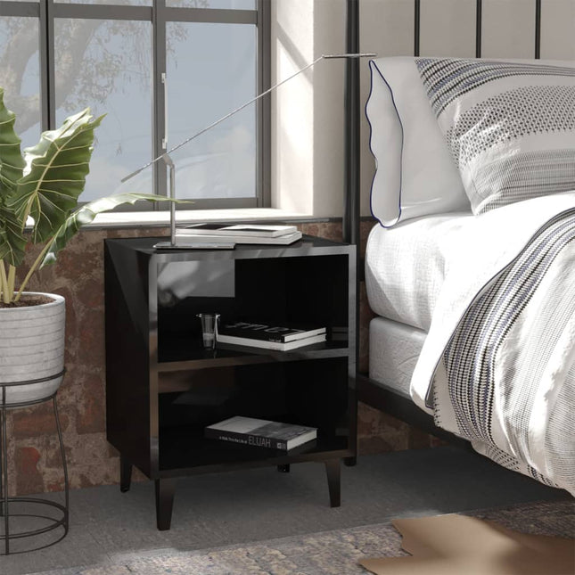 Comodino con Gambe in Metallo Nero Lucido 40x30x50 cm