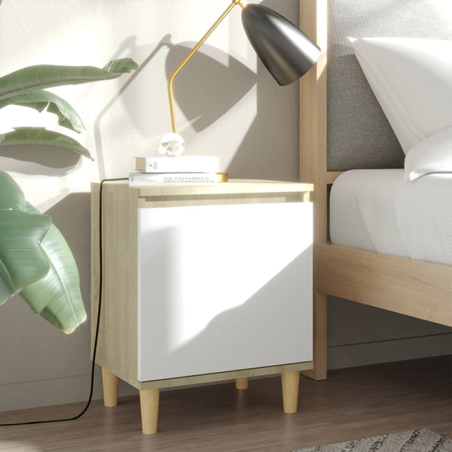 Comodino Gambe Legno Massello Rovere Sonoma e Bianco 40x30x50cm