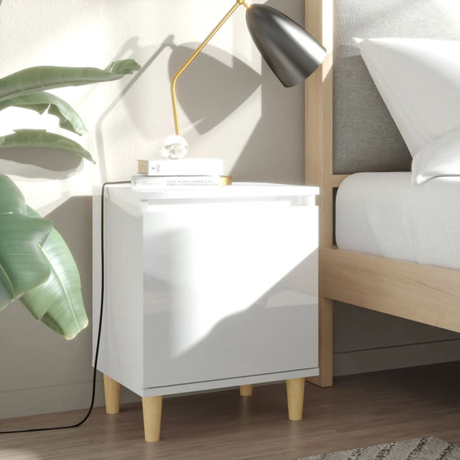 Comodino con Gambe in Legno Massello Bianco Lucido 40x30x50 cm