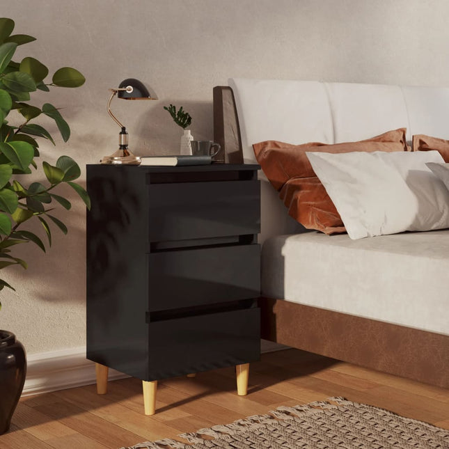 Comodini con Gambe in Legno 2pz Nero Lucido 40x35x69 cm