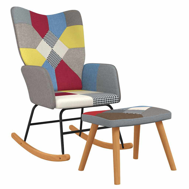 Sedia a Dondolo con Poggiapiedi in Tessuto Patchwork