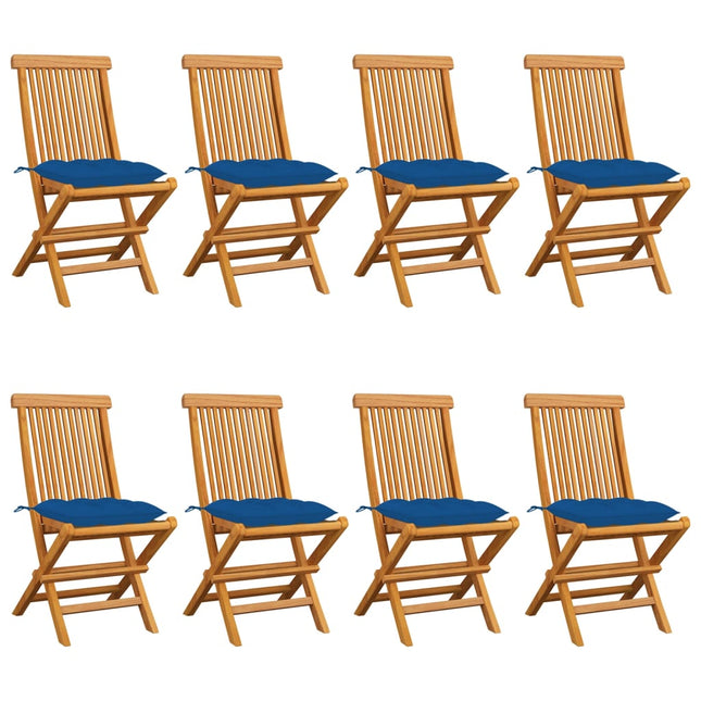 Sedie da Giardino con Cuscini Blu 8 pz in Massello di Teak