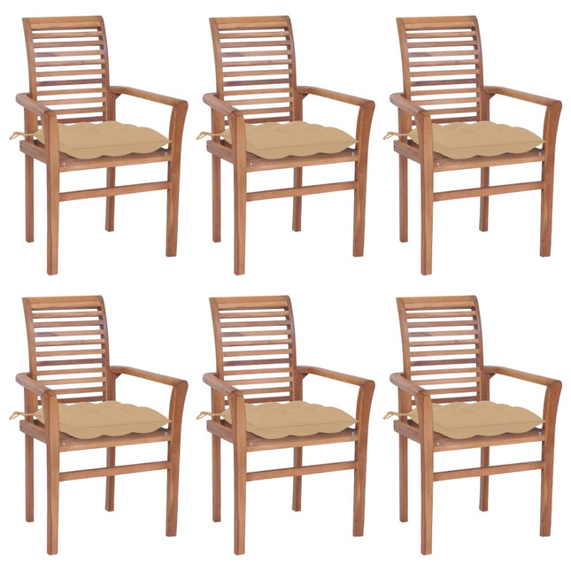 Sedie da Pranzo 6 pz con Cuscini Beige in Massello di Teak