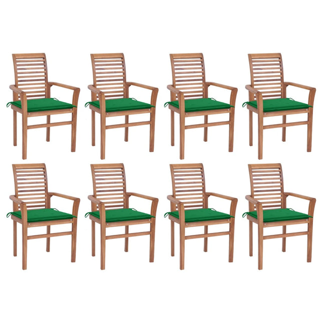 Sedie da Pranzo 8 pz con Cuscini Verdi in Massello di Teak