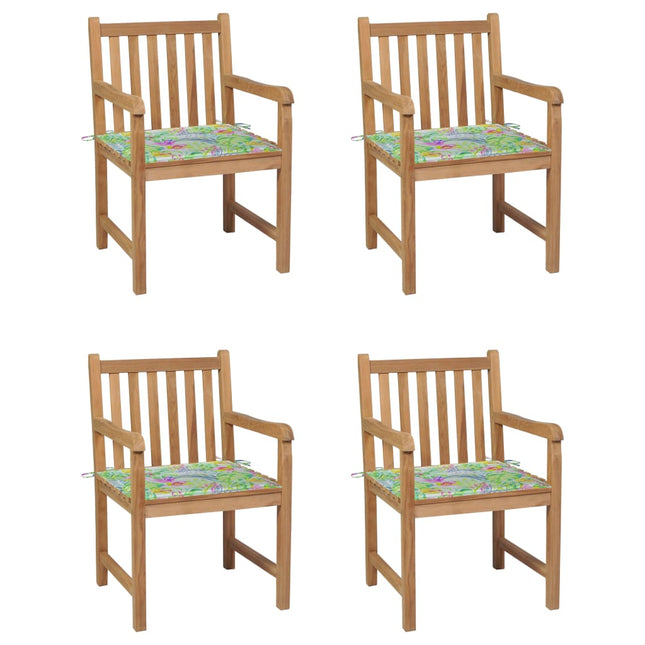 Sedie Giardino 4 pz e Cuscini Motivo a Foglie Massello di Teak