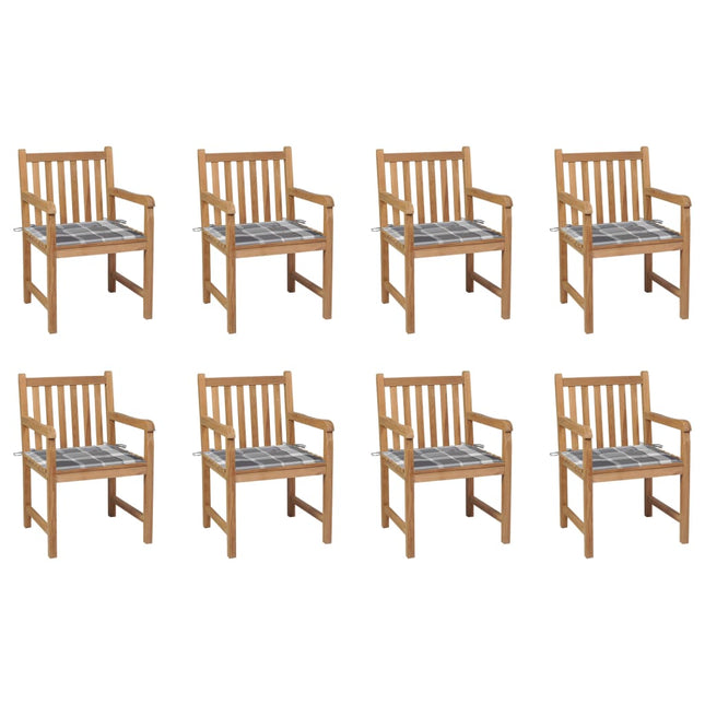 Sedie Giardino 8 pz con Cuscini Grigi a Quadri Massello di Teak