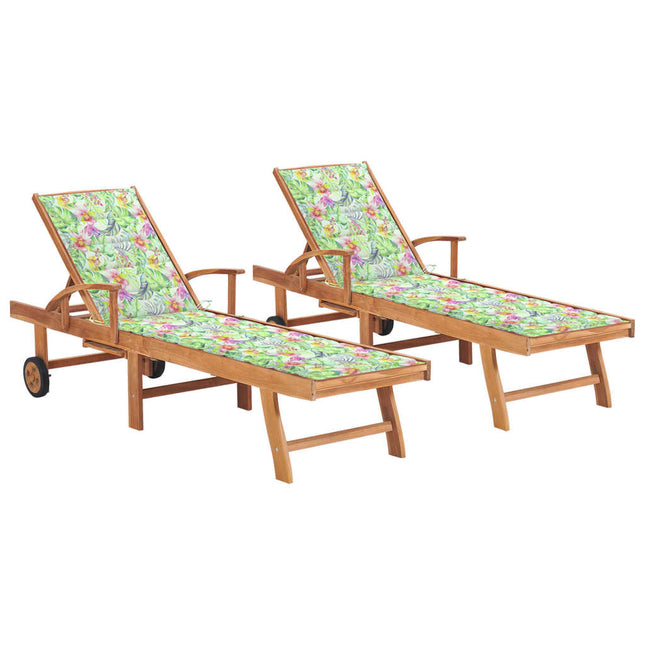 Lettini Prendisole 2 pz con Cuscino Modello Foglie in Teak