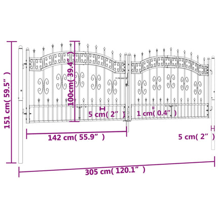 Recinzione Cancello con Punta a Lancia Nera 305x151cm Acciaio