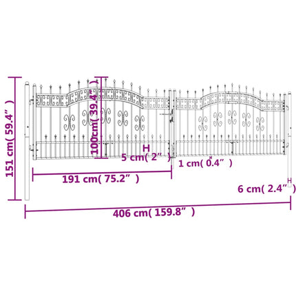Recinzione Cancello con Punta a Lancia Nera 406x151cm Acciaio