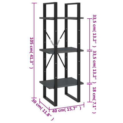 Libreria a 3 Ripiani Grigia 40x30x105 cm in Massello di Pino