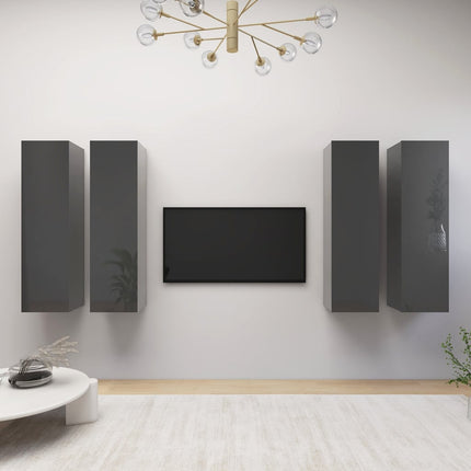 Mobili TV 4 pz Grigio Lucido 30,5x30x110 cm Legno Multistrato