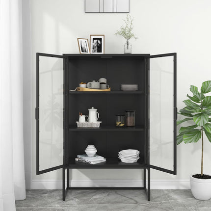 Credenza Alta Nera 80x35x135 cm in Acciaio e Vetro Temperato