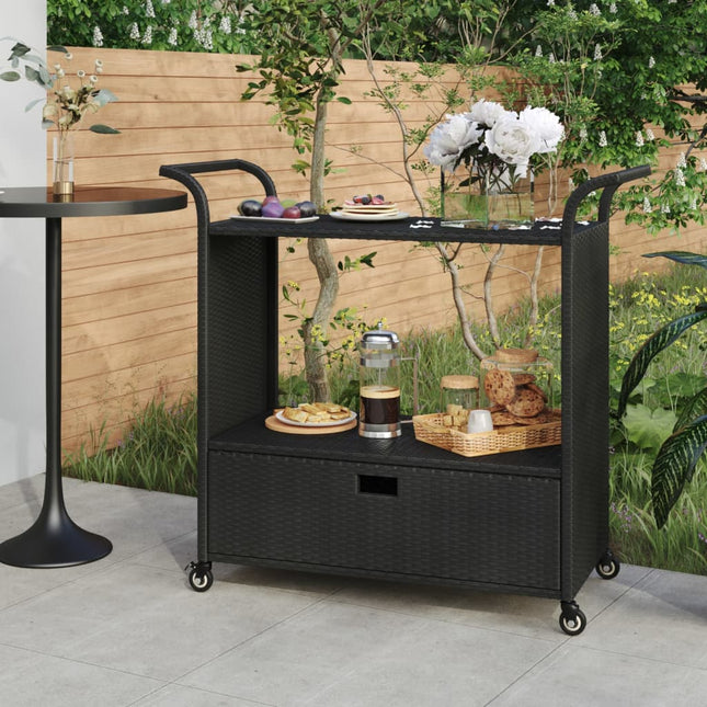Carrello da Bar con Cassetto Nero 100x45x97 cm in Polyrattan