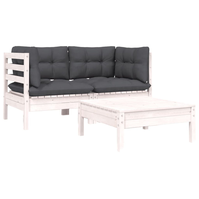 Set Divani da Giardino 3 pz con Cuscini Bianco in Massello Pino