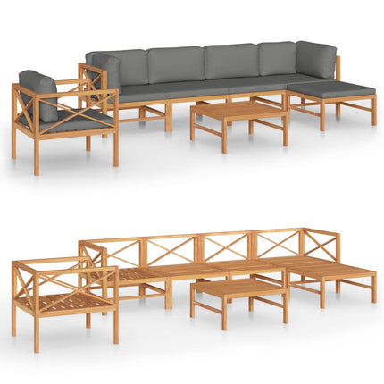 Set Divani Giardino 7pz Cuscini Grigi in Legno Massello di Teak