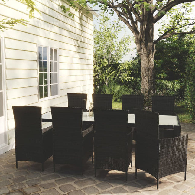 Set da Pranzo da Giardino 9 pz con Cuscini in Polyrattan Nero