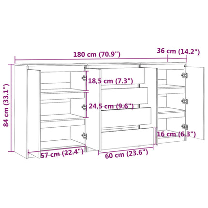 Credenze 3 pz in Legno Massello di Pino