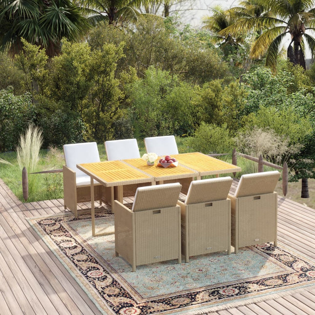 Set da Pranzo da Giardino 7 pz con Cuscini in Polyrattan Beige