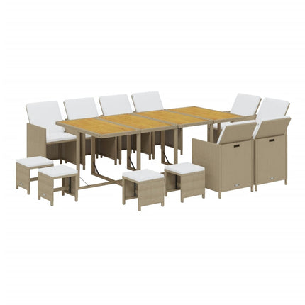 Set da Pranzo da Giardino 13 pz con Cuscini in Polyrattan Beige