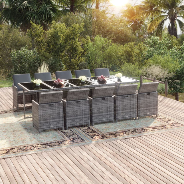 Set Pranzo da Giardino 11 pz con Cuscini in Polyrattan Grigio