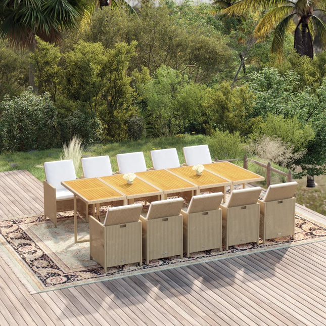 Set da Pranzo da Giardino 11 pz con Cuscini in Polyrattan Beige