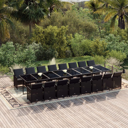 Set da Pranzo da Giardino 17 pz con Cuscini Nero in Polyrattan